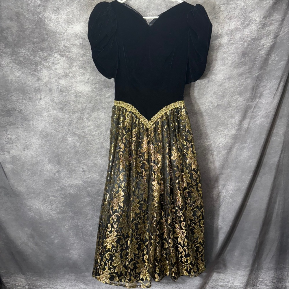 Scott McClintock Vintage 80s Black Velvet Gold Metallic Lace Gown Dress Size 6